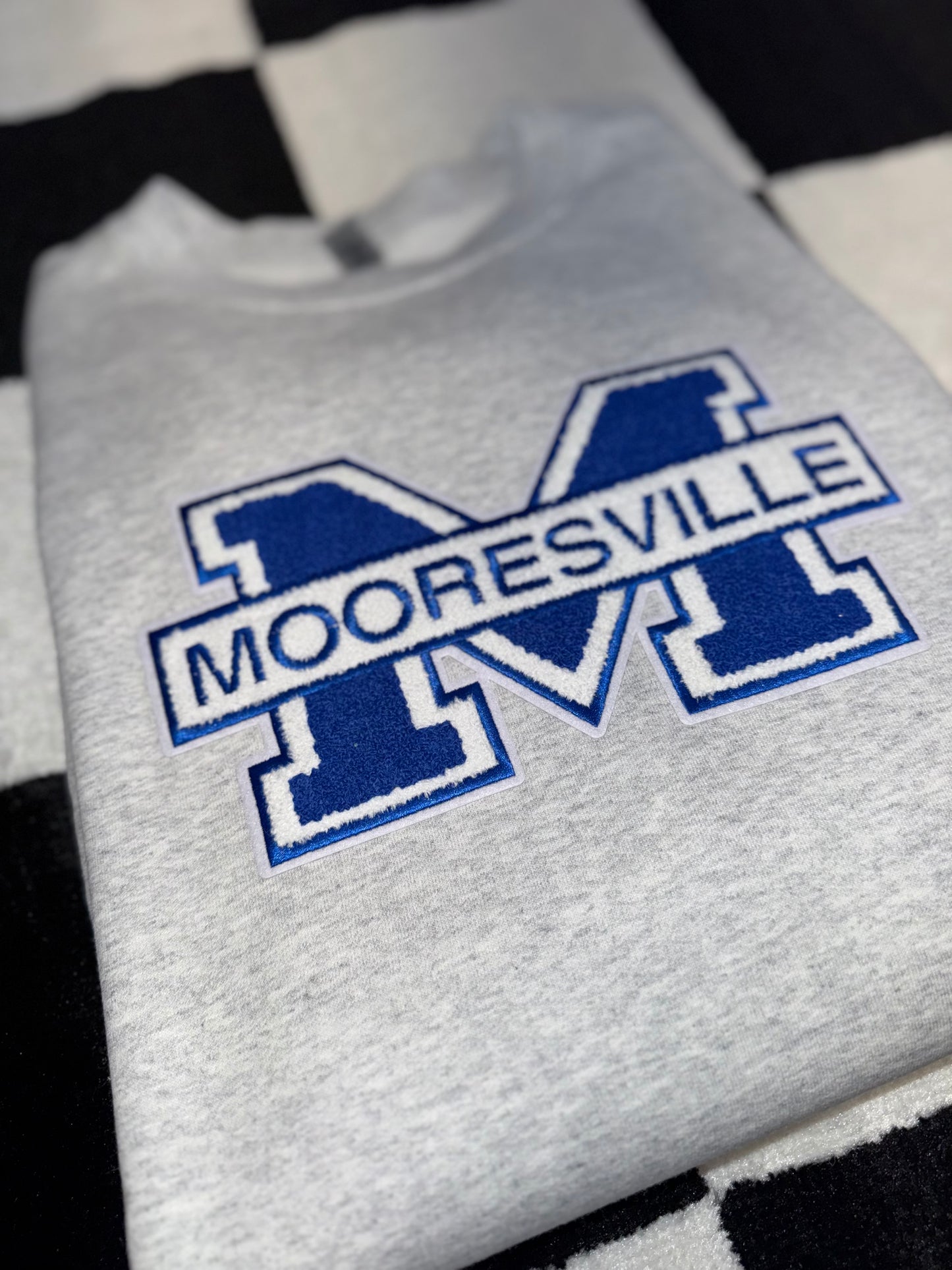 Adult-Mooresville Chenille Patch Crewneck/Hoodie- PRE ORDER