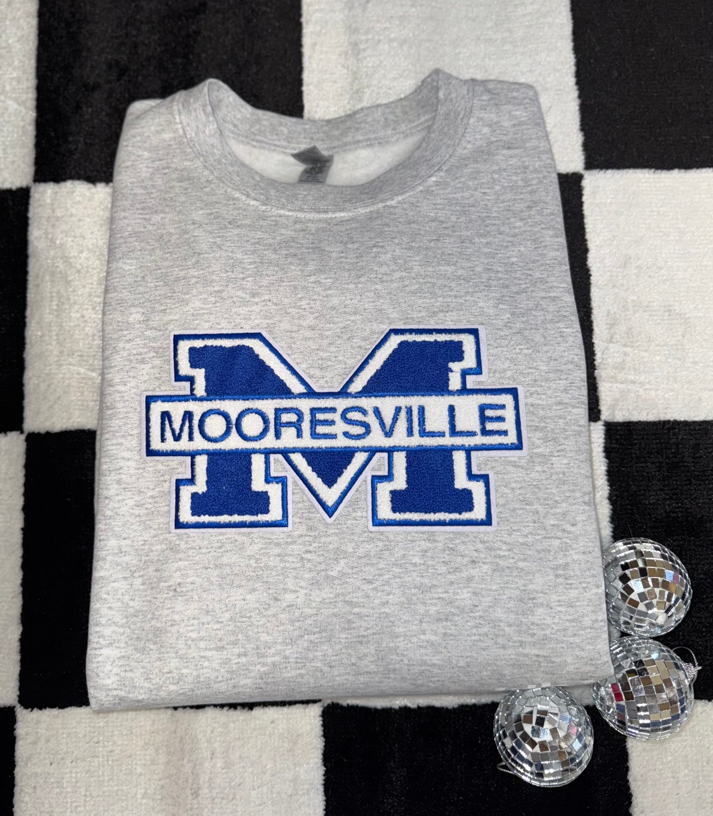 Adult-Mooresville Chenille Patch Crewneck/Hoodie- PRE ORDER